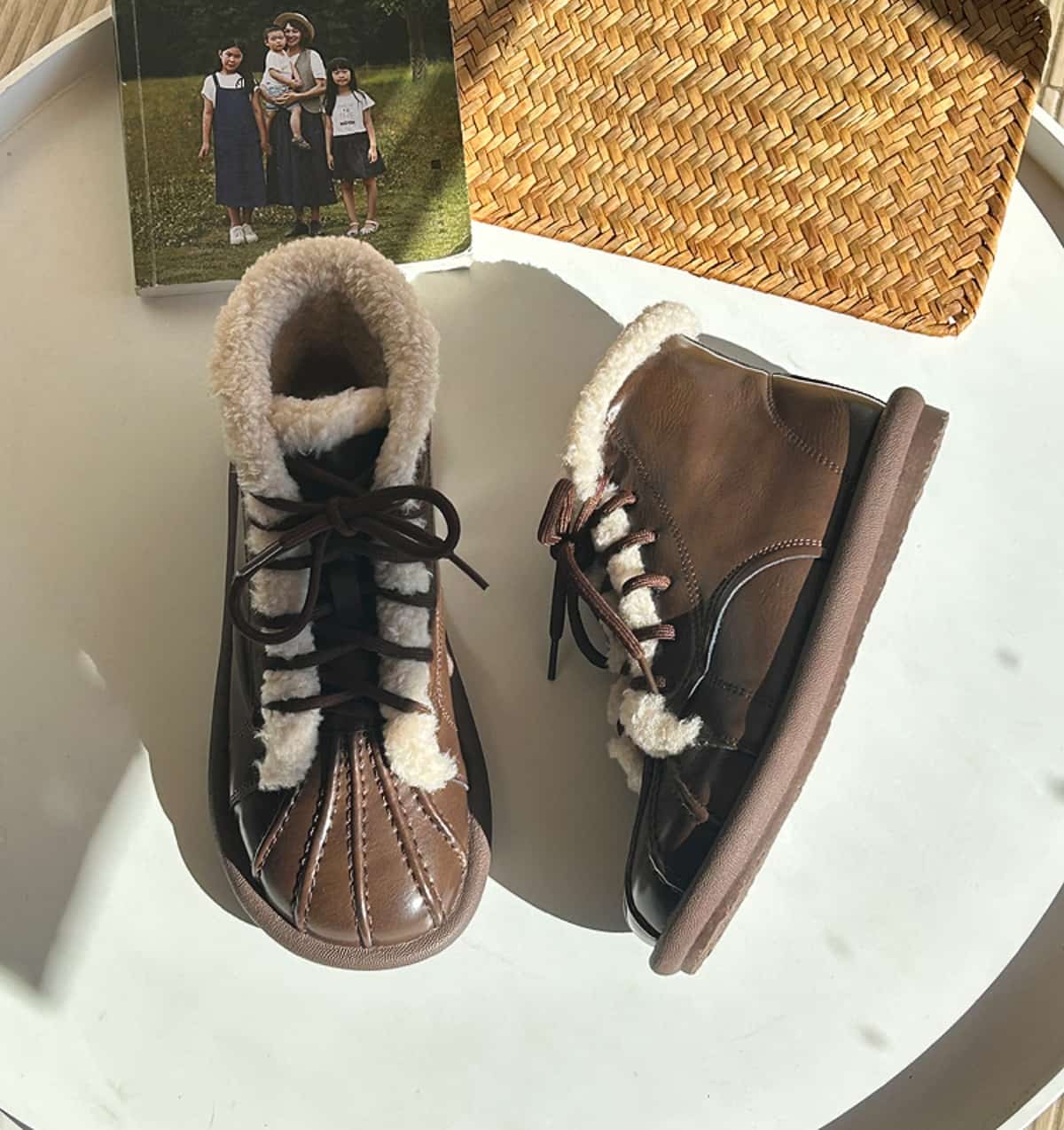 Imitation lamb wool round head lace-up short boots winter glossy flat-bottomed small leather boots snow boots