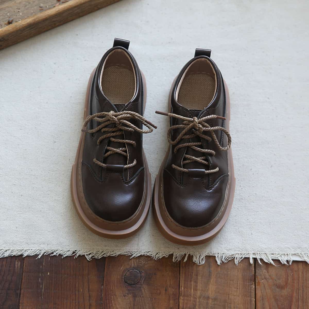 Glossy round head lace-up big head shoes autumn thick-soled versatile small leather shoes single shoes women