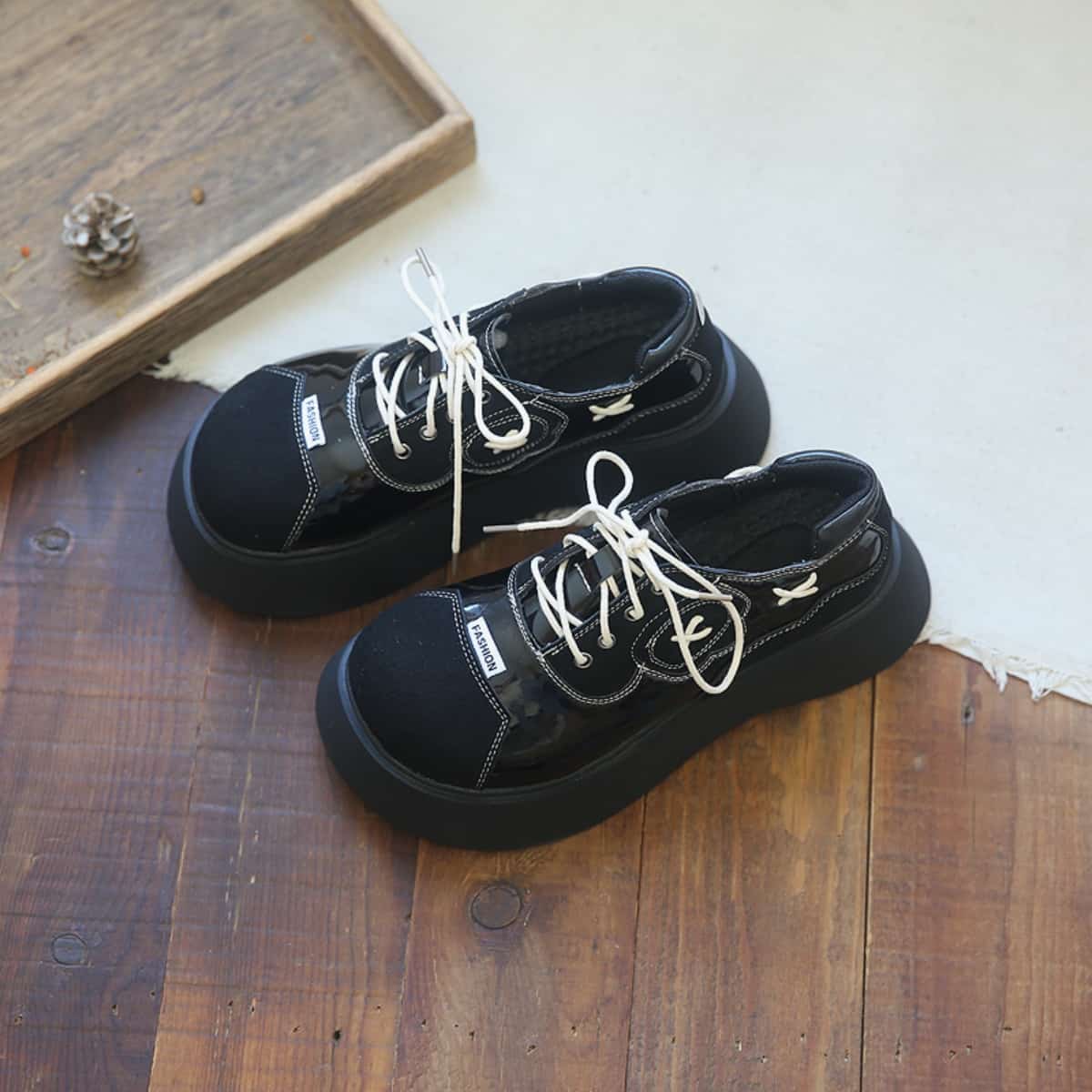 Glossy round head lace-up thick-soled big-head shoes autumn personality trendy cool muffin bottom small leather shoes women