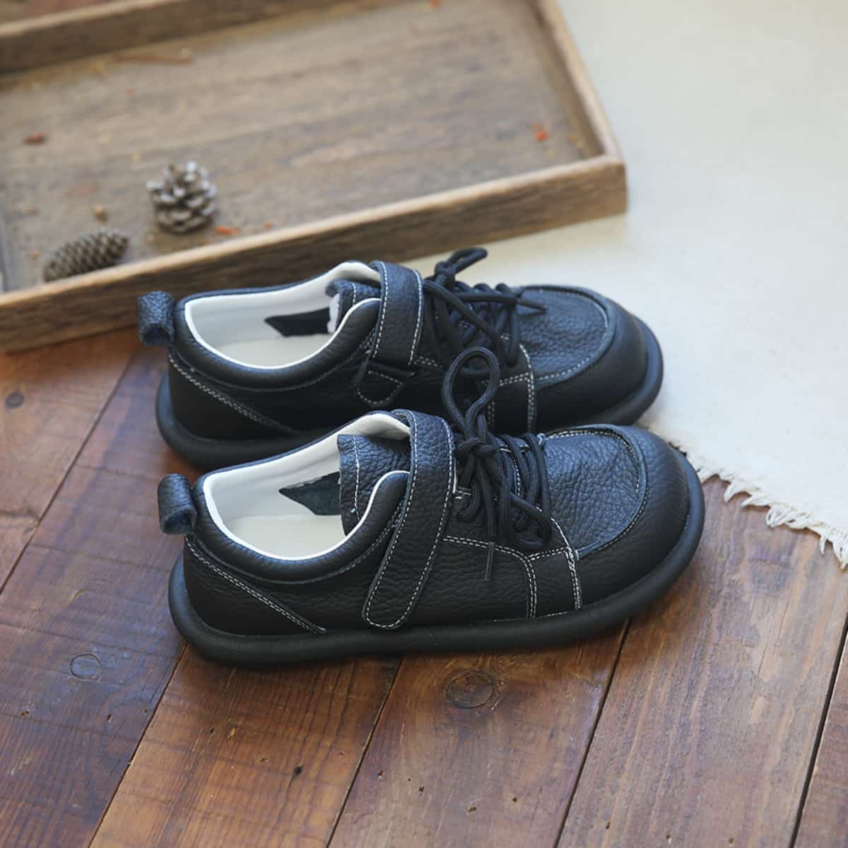 Leather round head lace-up single shoes Velcro low heel soft sole versatile little white shoes