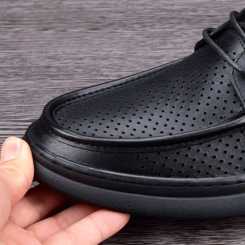 Summer men's shoes genuine leather first layer cowhide hollow punched breathable thick sole large size lace-up shock-absorbing leather shoes