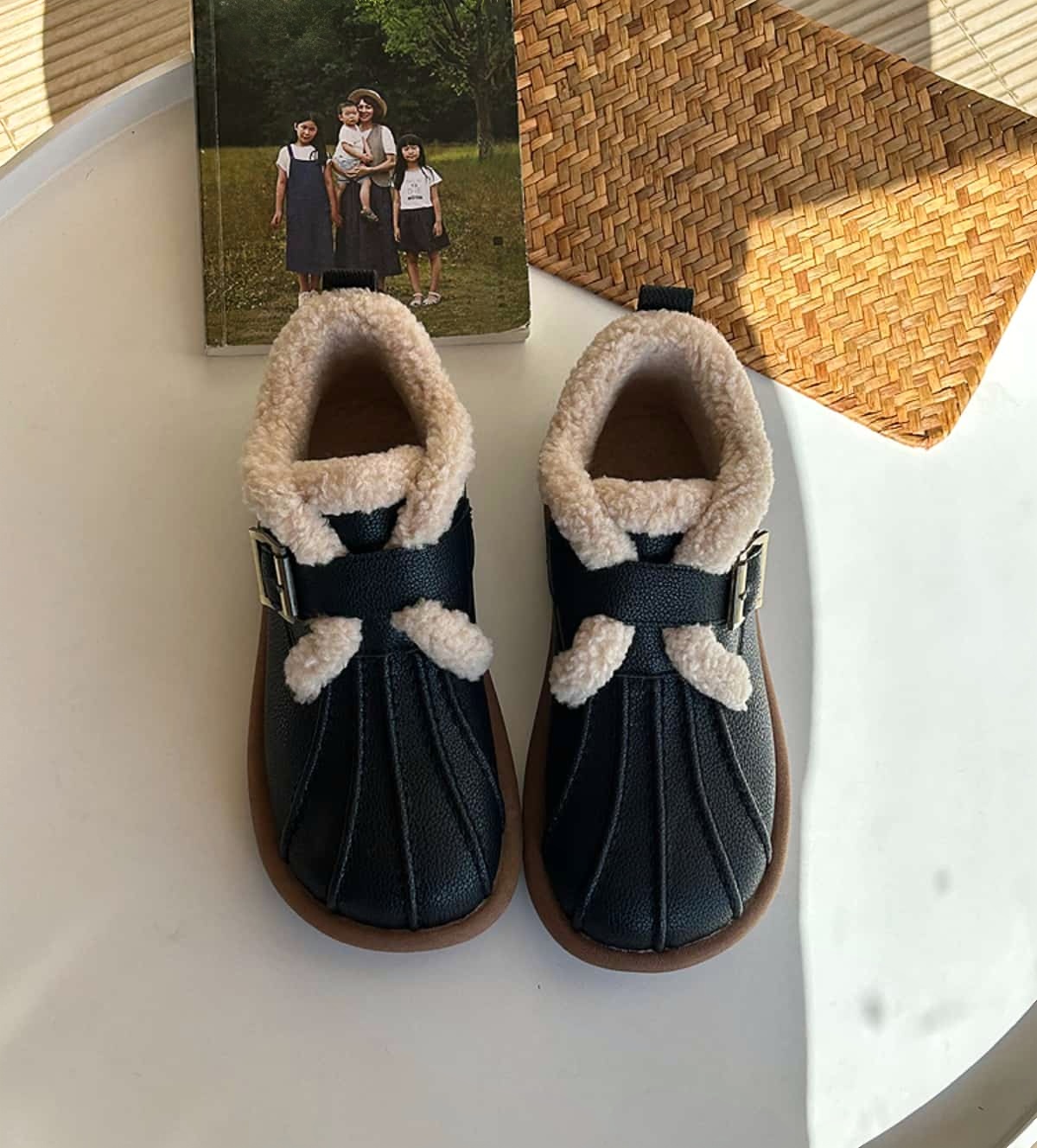 Imitation lamb wool round head flat-bottomed short boots winter cute belt buckle beige snow boots