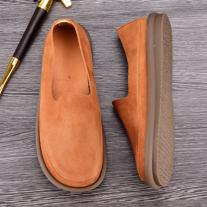 Loafers men's leather soft sole casual big head leather shoes loose round head one pedal lazy shoes breathable