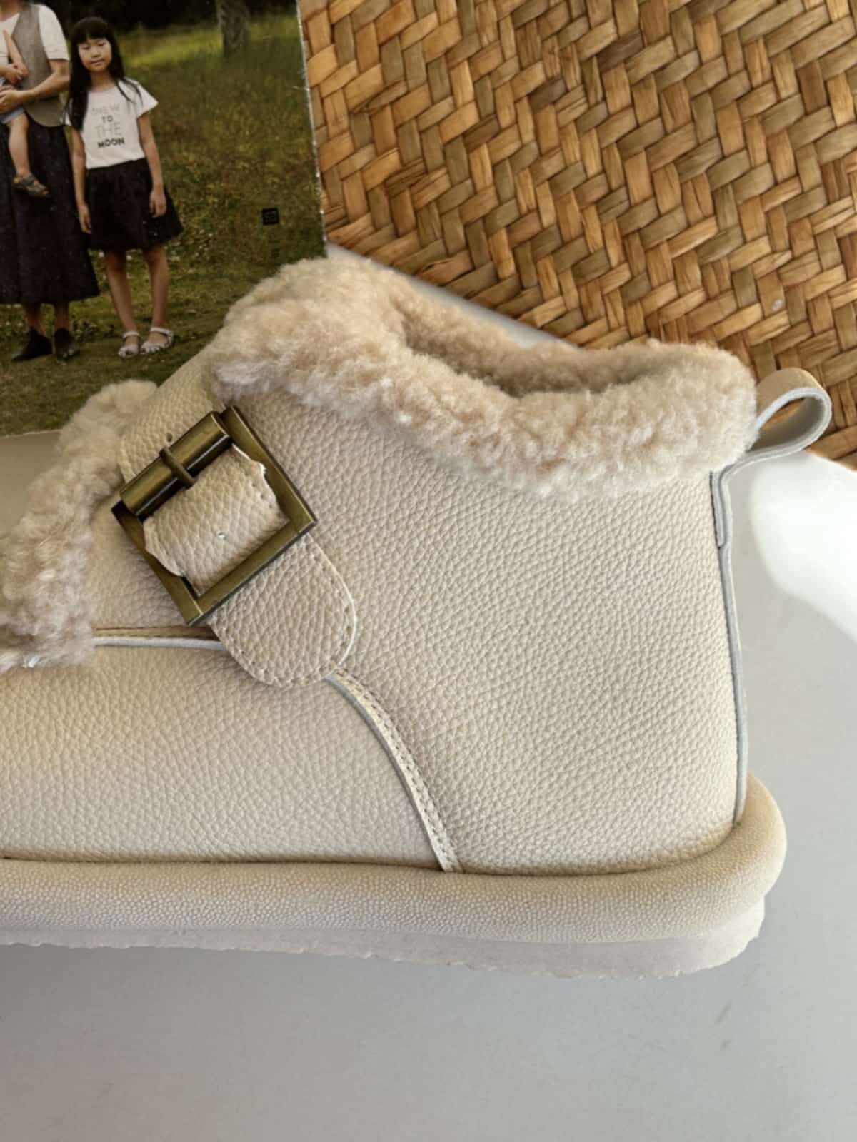 Imitation lamb wool round head flat-bottomed short boots winter cute belt buckle beige snow boots