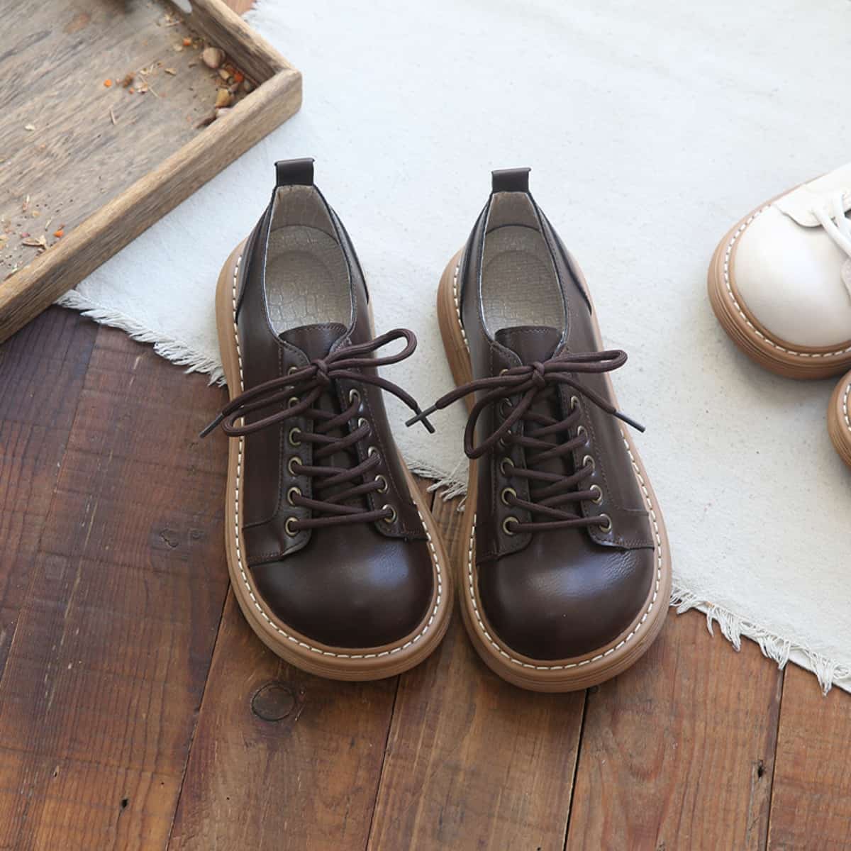 Round head lace-up platform small leather shoes college versatile uniform shoes single shoes women