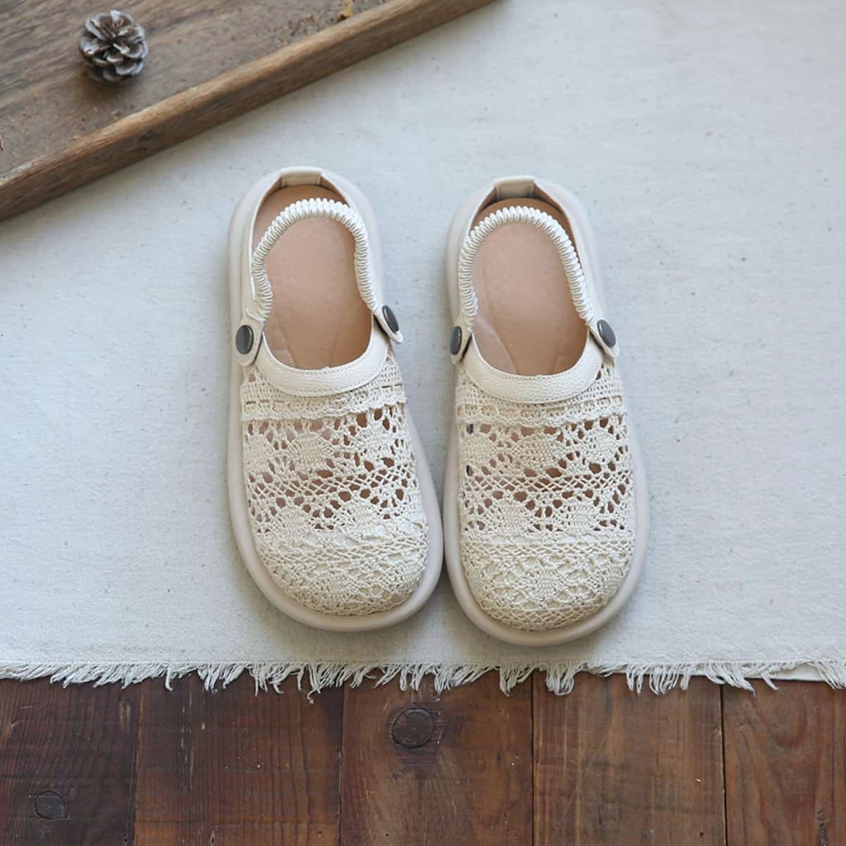 Hollow round head flat bottom big head shoes summer soft bottom fisherman net shoes cool slippers women