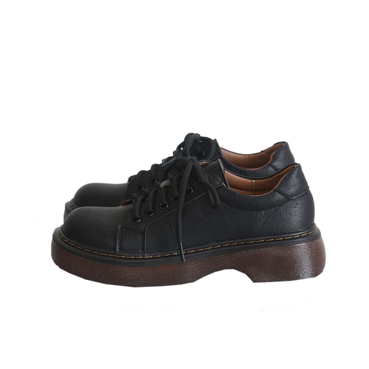 Round head lace-up platform single shoes spring new college style versatile black height-increasing small leather shoes women