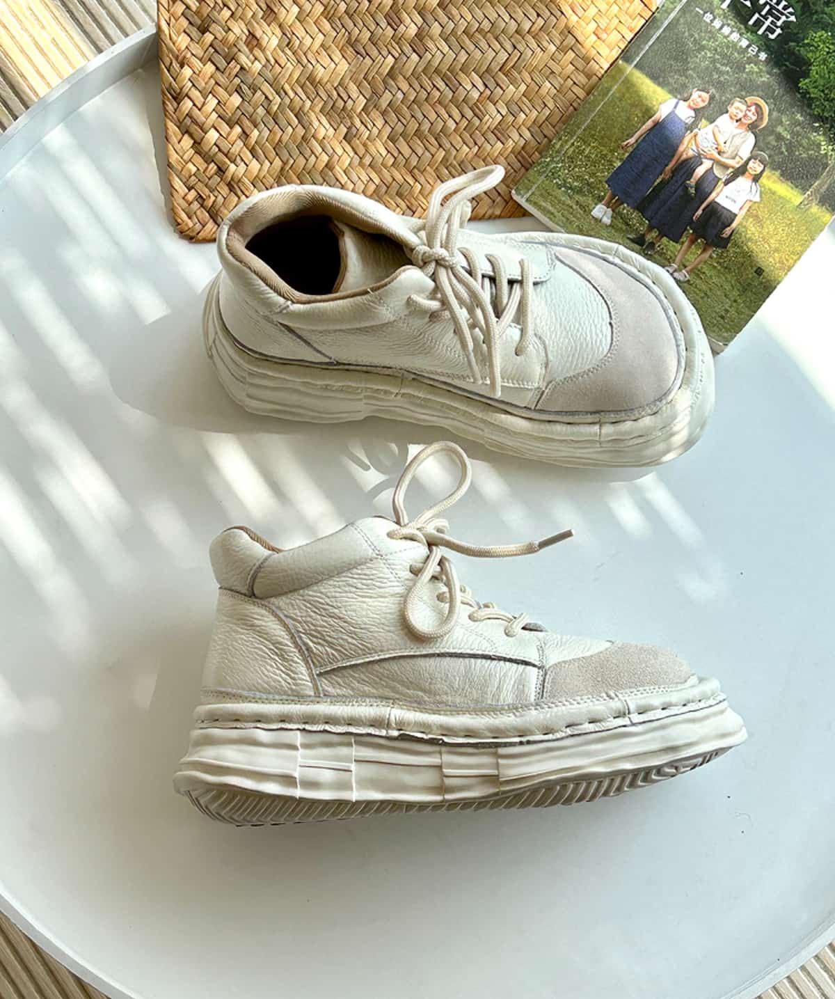 Leather round head lace-up platform big head shoes high top shoes short boots women