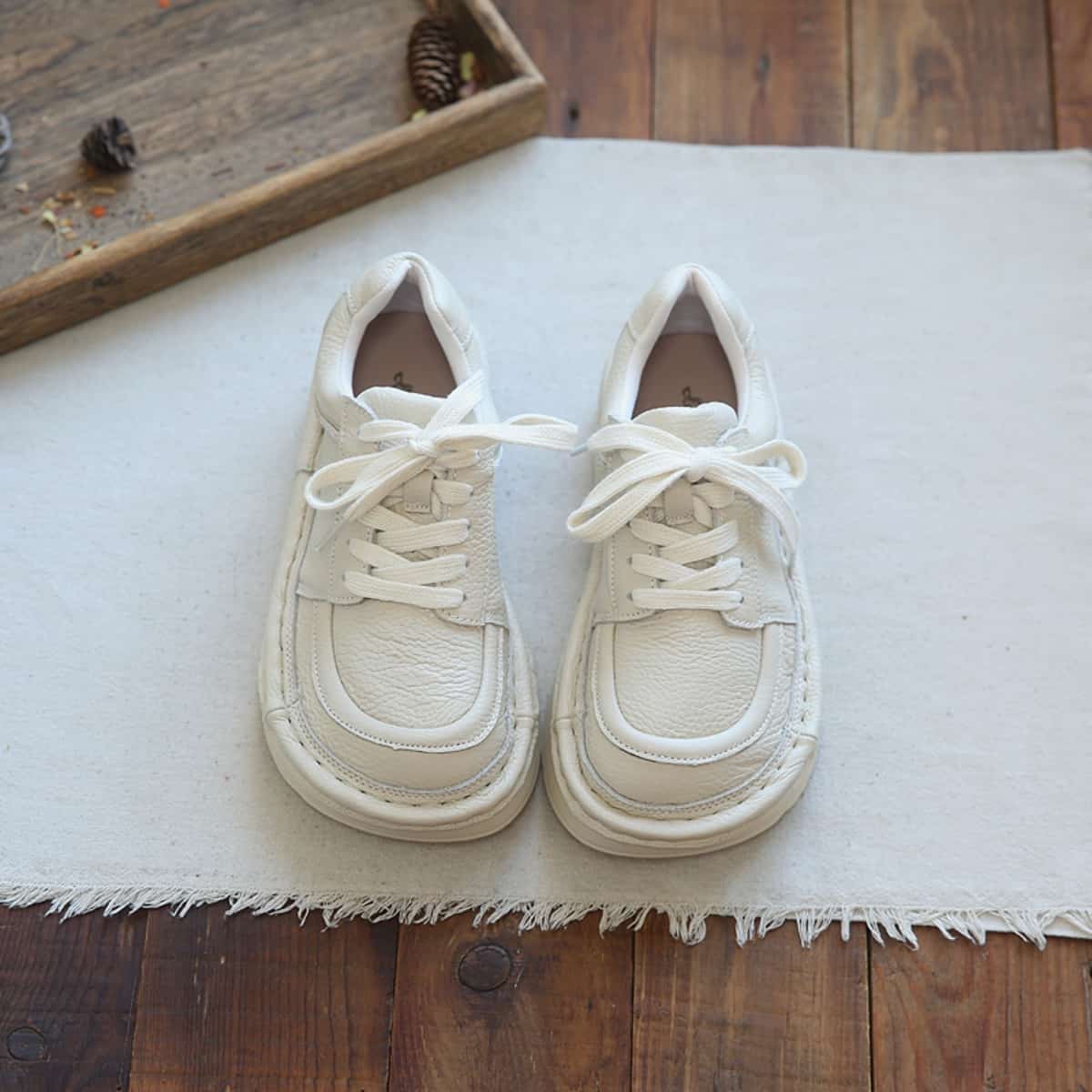 Leather round head lace-up platform big head shoes heightening shoes women