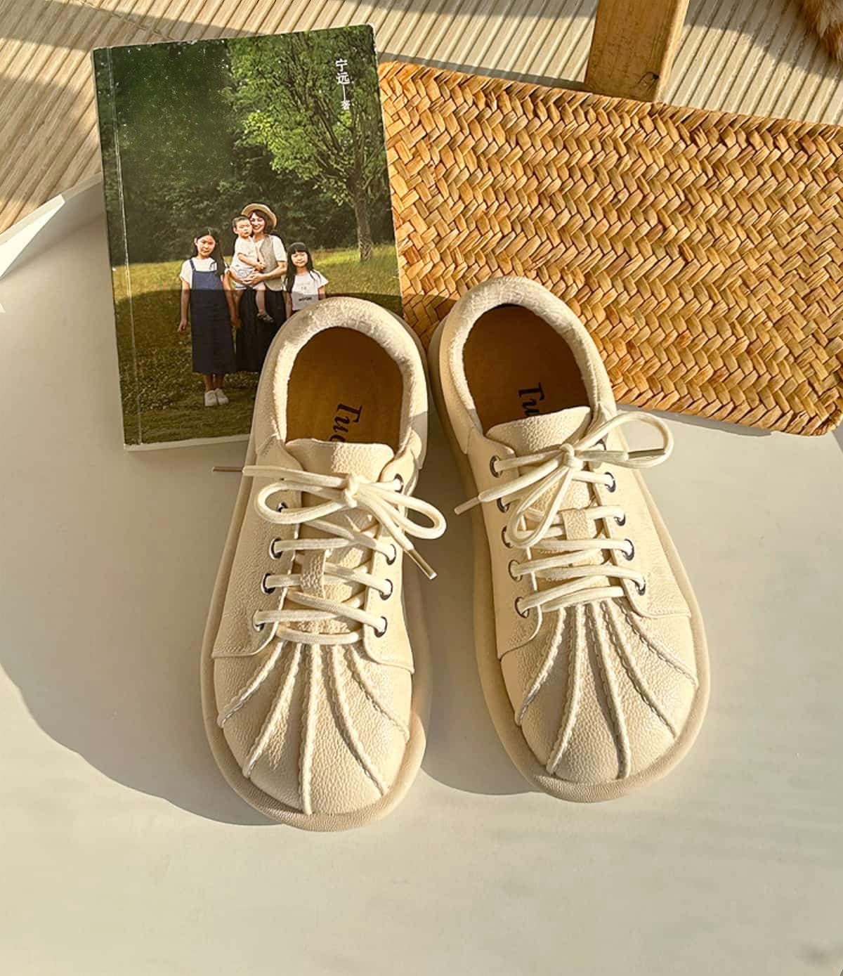 Round head lace-up flat-soled single shoes spring cream shell head comfortable soft-soled shoes