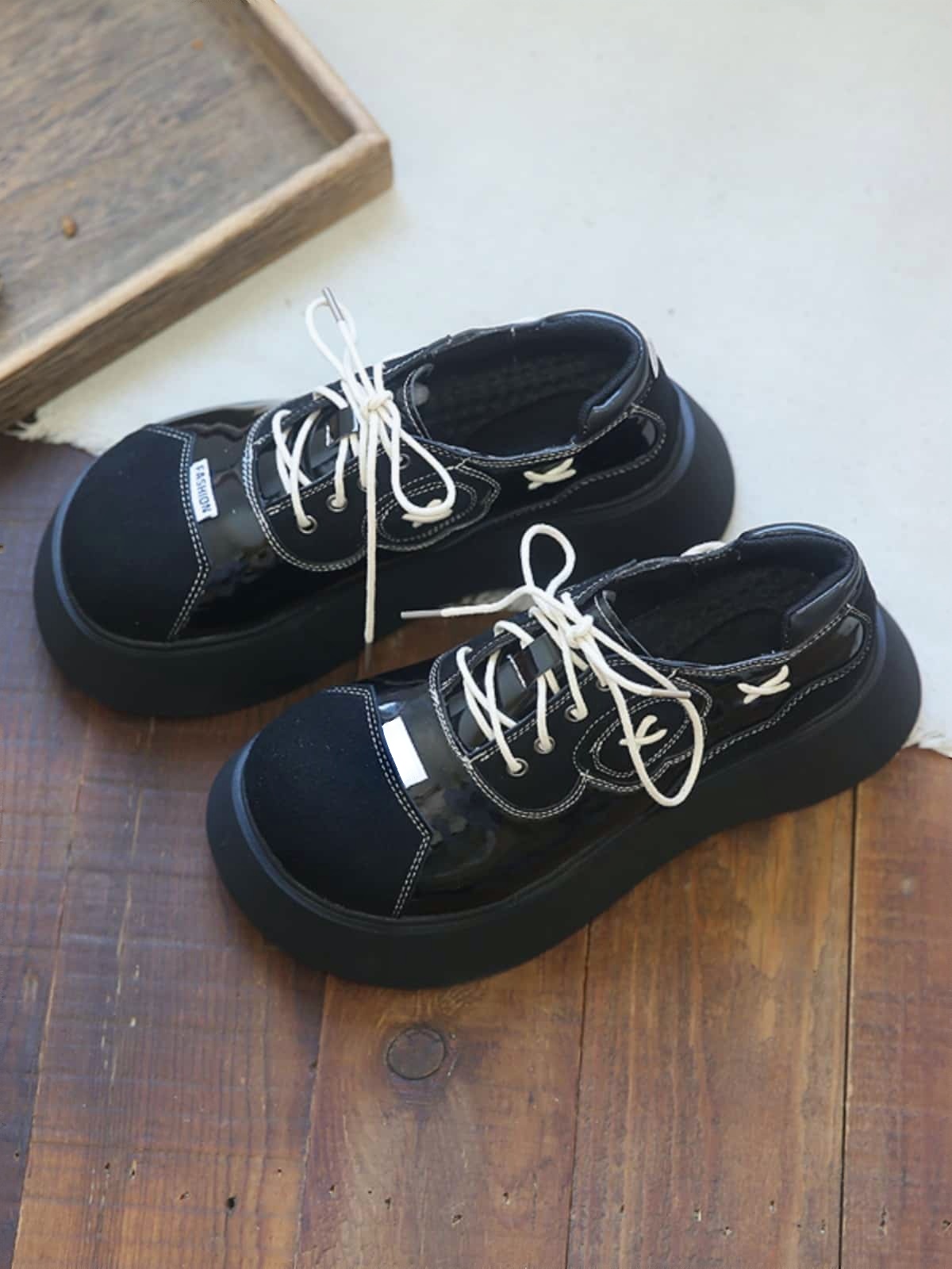 Glossy round head lace-up thick-soled big-head shoes autumn personality trendy cool muffin bottom small leather shoes women