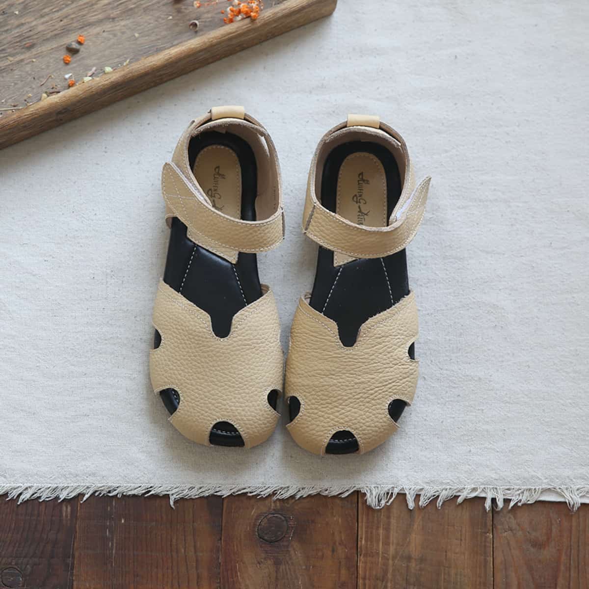 Leather hollow bag head flats summer comfortable word with low heel sandals women