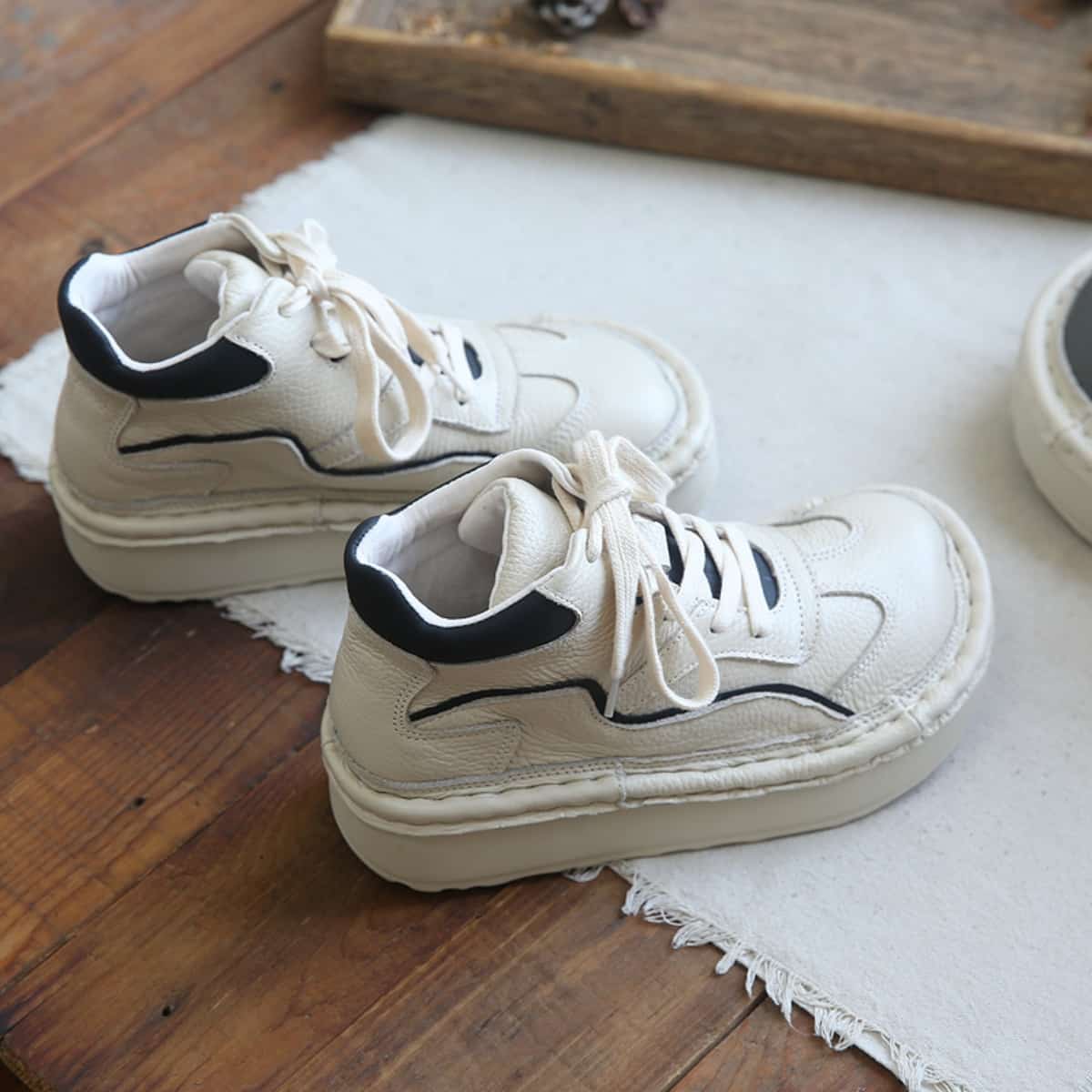 Leather round head lace-up platform big head shoes heightening short boots women's autumn