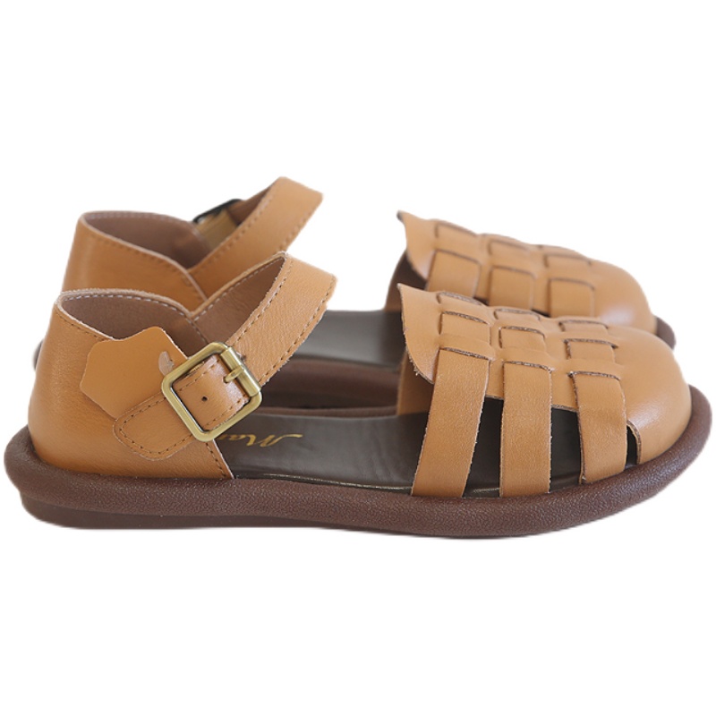 Leather hollowed-out bag head flats summer hand-woven one-word strap black Roman sandals