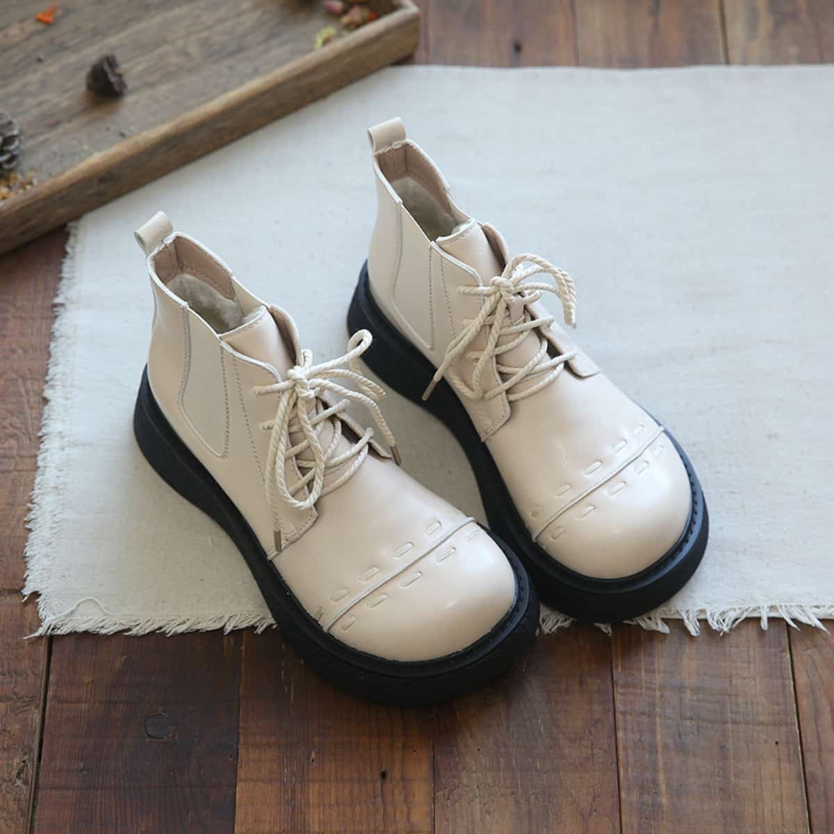 Glossy round head lace-up platform big head shoes black heightening locomotive boots Martin boots women's autumn