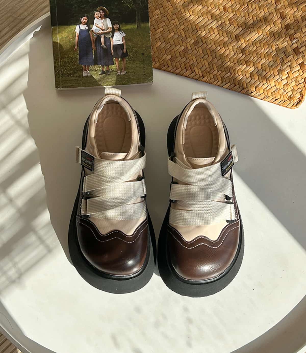 Round head thick sole big head shoes fashionable height increase cross strap small leather shoes single shoes