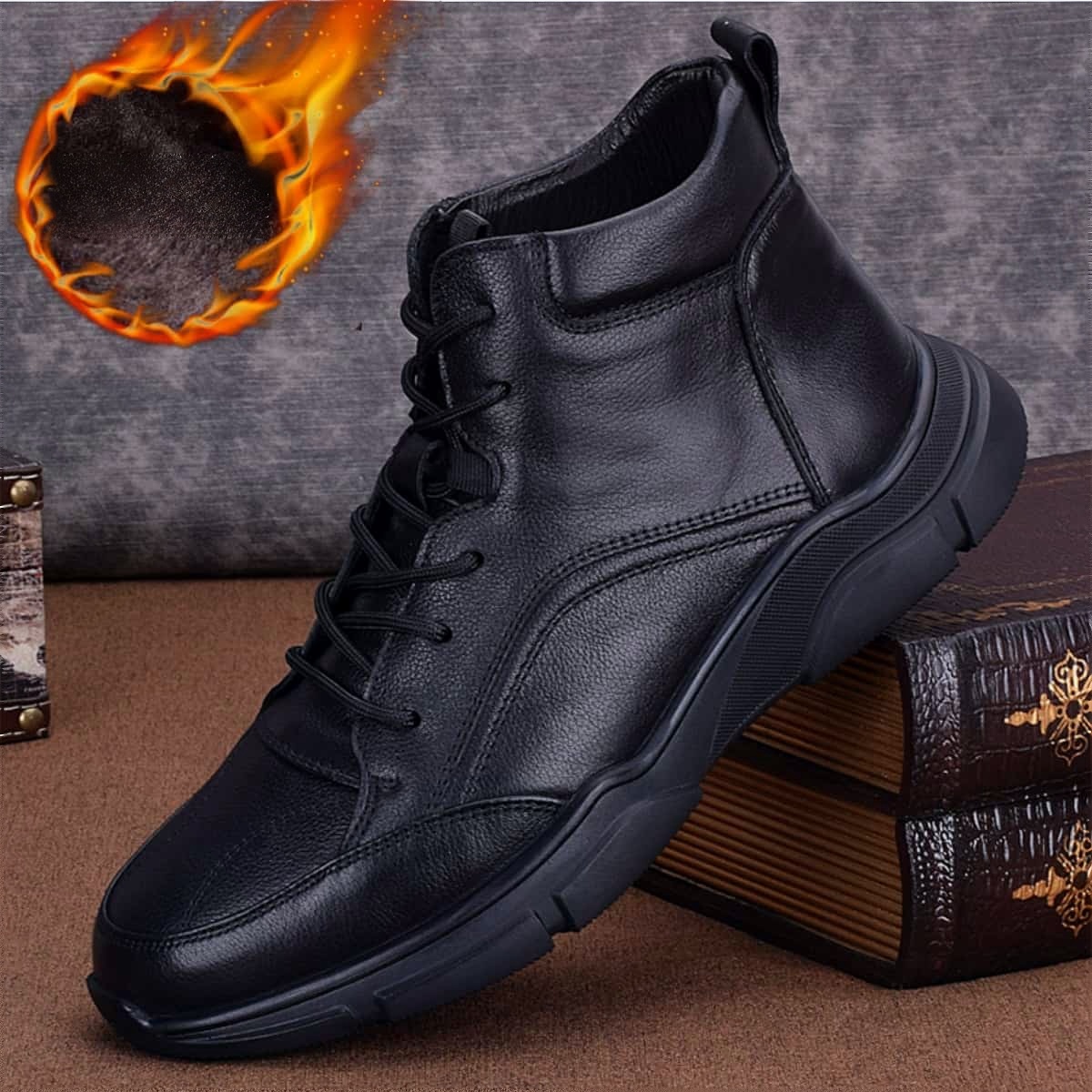 High-top leather shoes men's business leather winter velvet warm cotton shoes non-slip men's casual sports shoes