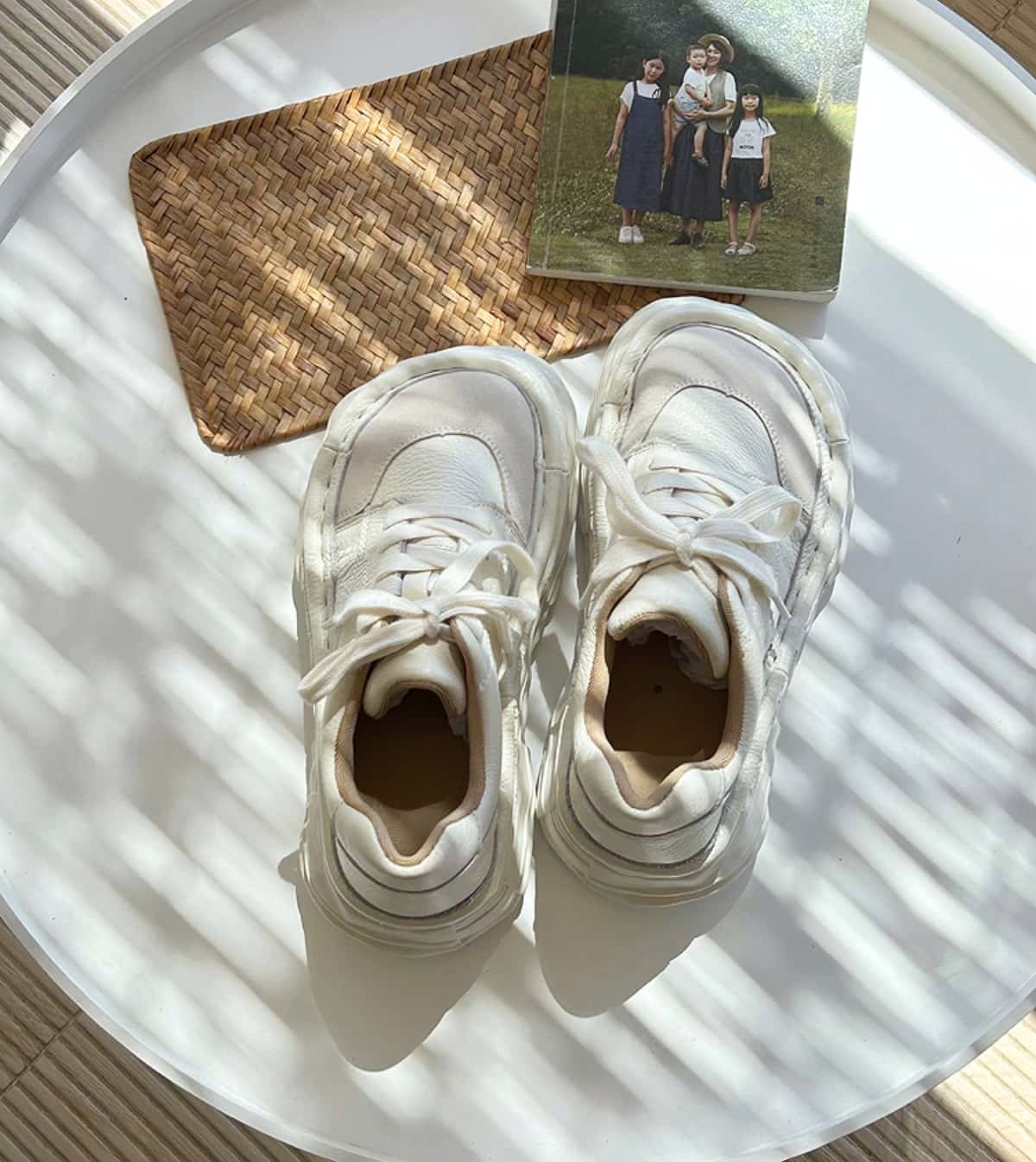 Leather round head lace-up thick-soled big-head shoes autumn muffin bottom little white shoes women