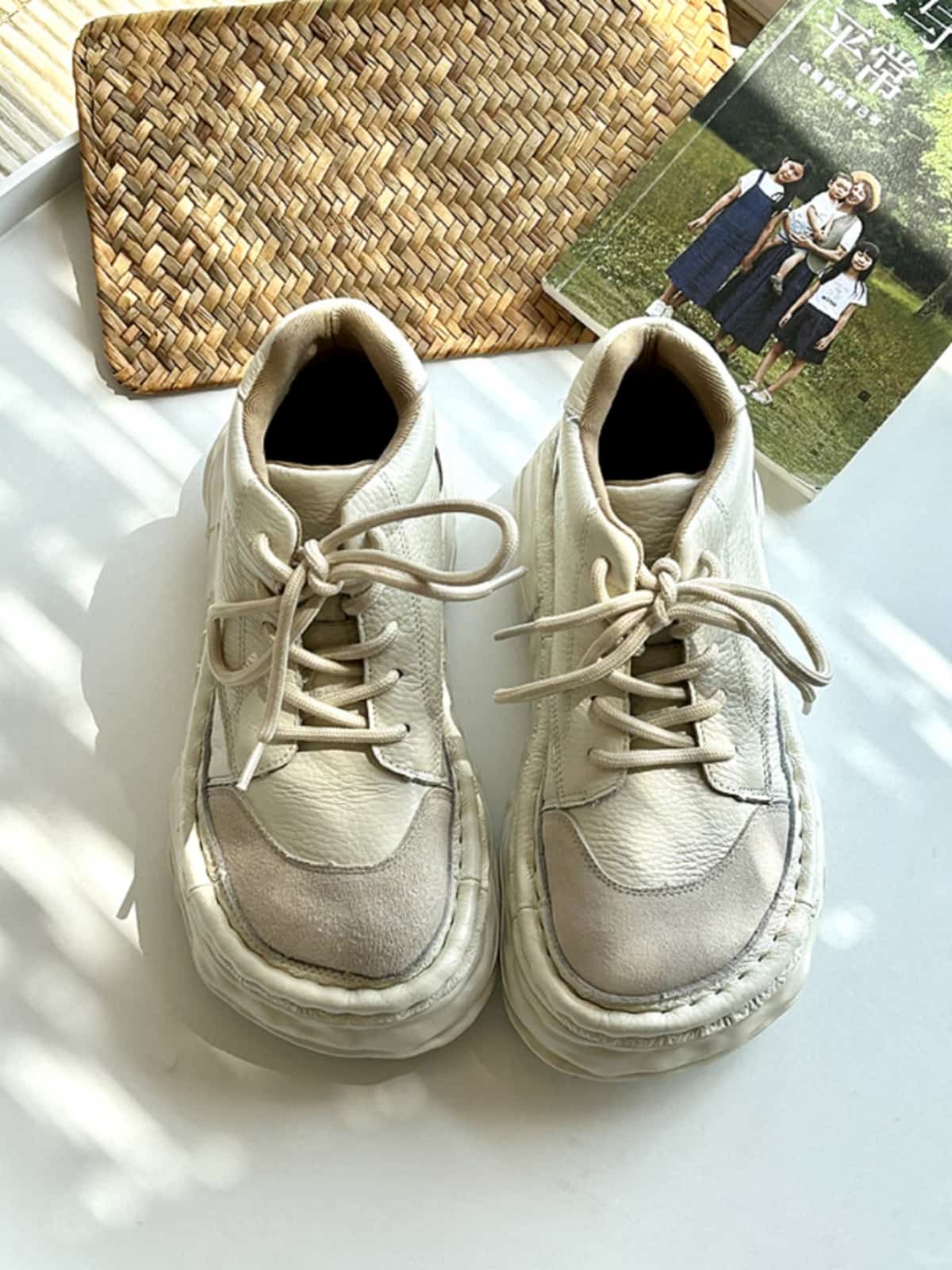 Leather round head lace-up platform big head shoes high top shoes short boots women