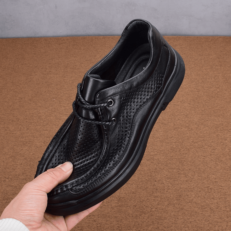 Hollow leather shoes men's genuine leather summer breathable hole shoes first layer cowhide wide head casual business men's shoes