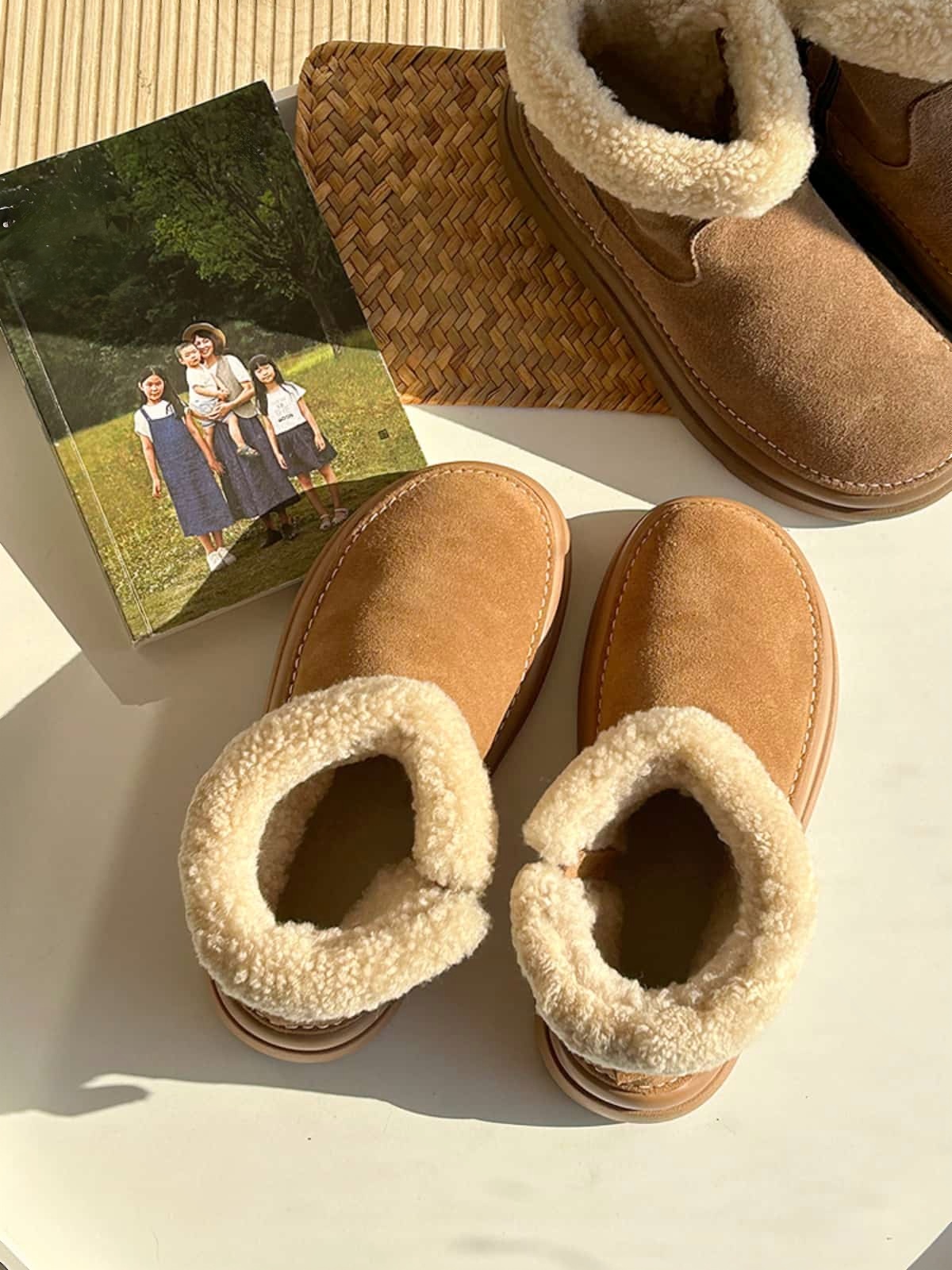 Leather imitation lamb wool round head thick-soled short boots winter warm snow boots