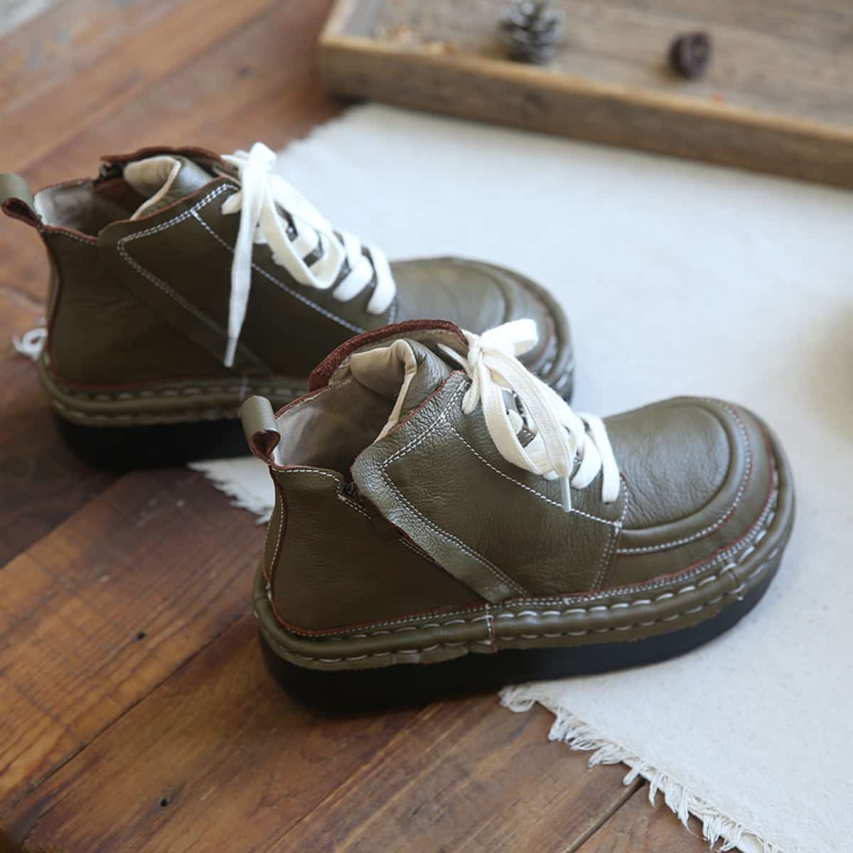 Leather round head lace-up platform big head shoes comfortable short boots women's autumn