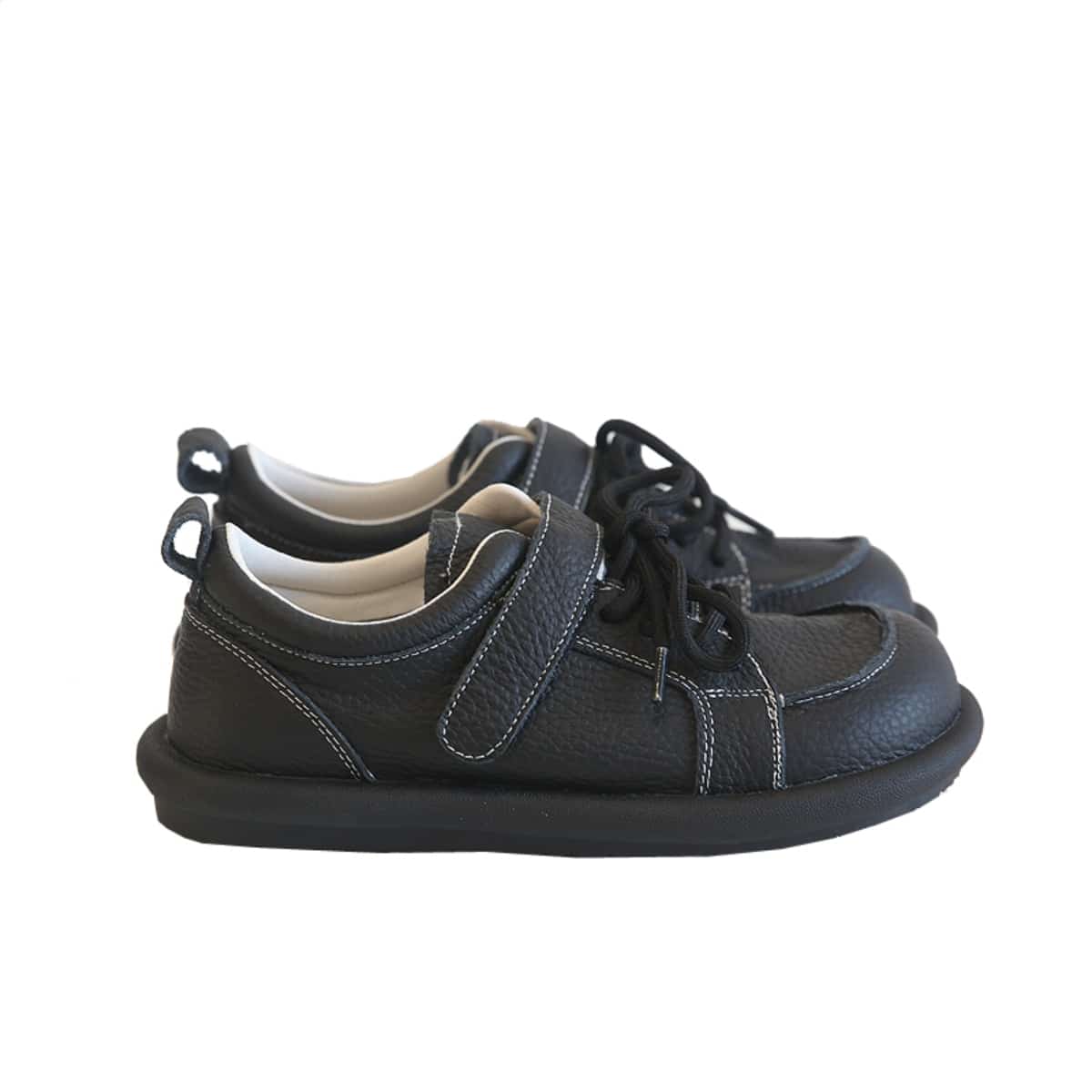 Leather round head lace-up single shoes Velcro low heel soft sole versatile little white shoes