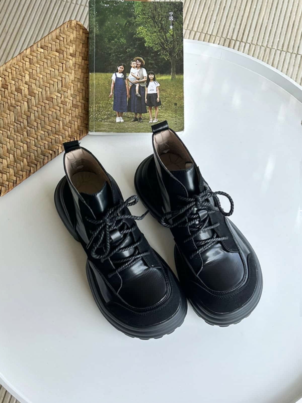 Round head lace-up thick-heeled Martin boots, new high-heeled trendy motorcycle boots, short boots for women