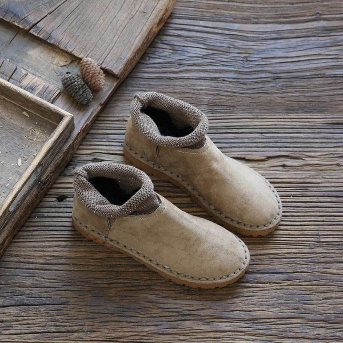 Wool mouth round head flat bottom women's boots autumn and winter new handmade comfortable soft sole short boots women