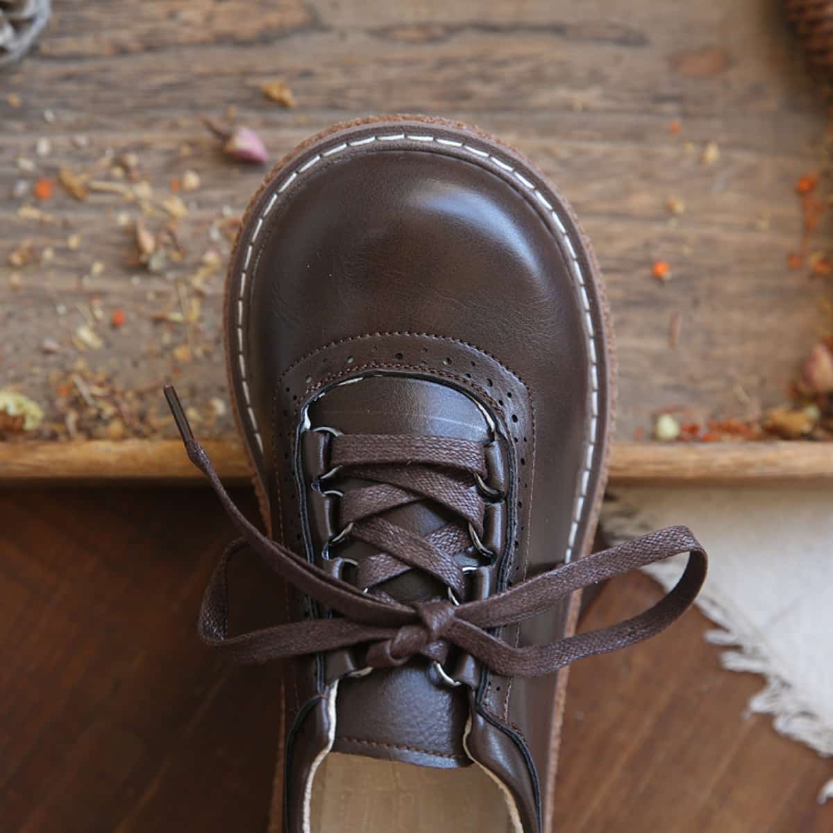 Round head lace-up thick-soled big head shoes Academy style versatile small leather shoes single shoes women