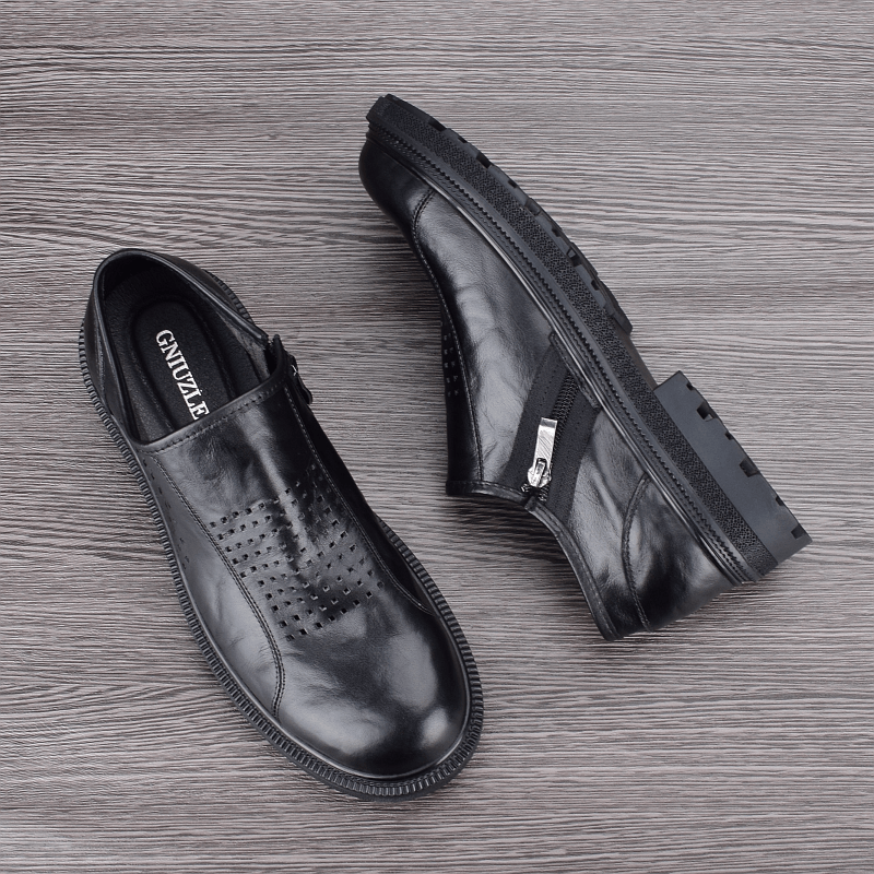Breathable summer hollow men's casual leather shoes leather platform zipper youth versatile business shoes