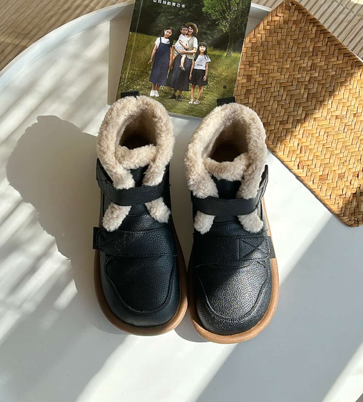 Imitation lamb wool round head flat-bottomed short boots winter Velcro cute warm snow boots