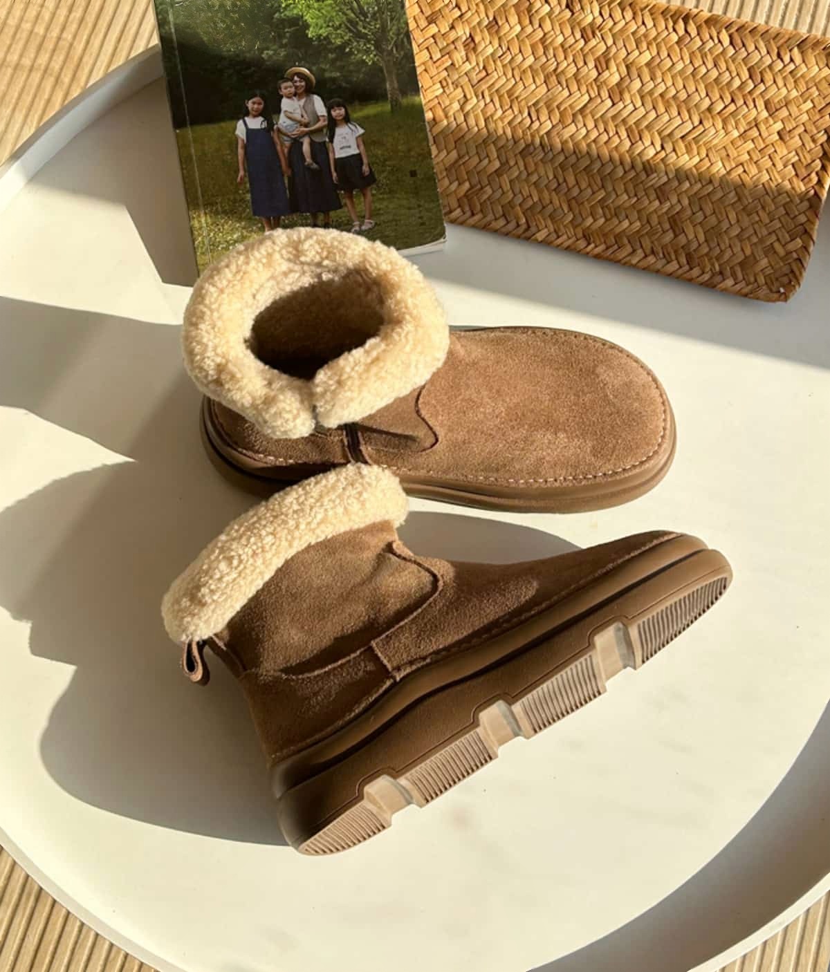 Leather imitation lamb wool round head thick-soled short boots winter warm snow boots