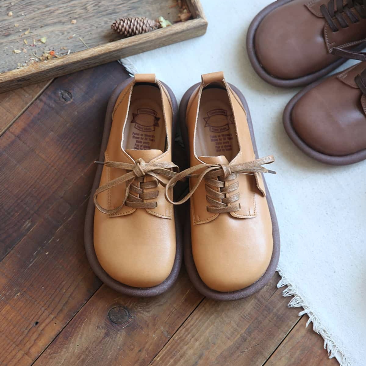 Leather round head lace-up flat shoes comfortable soft surface small leather shoes single shoes women