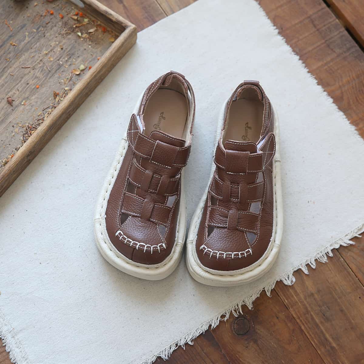 Leather Hollow Round Head Platform Big Head Shoes Summer Velcro Roman Sandals