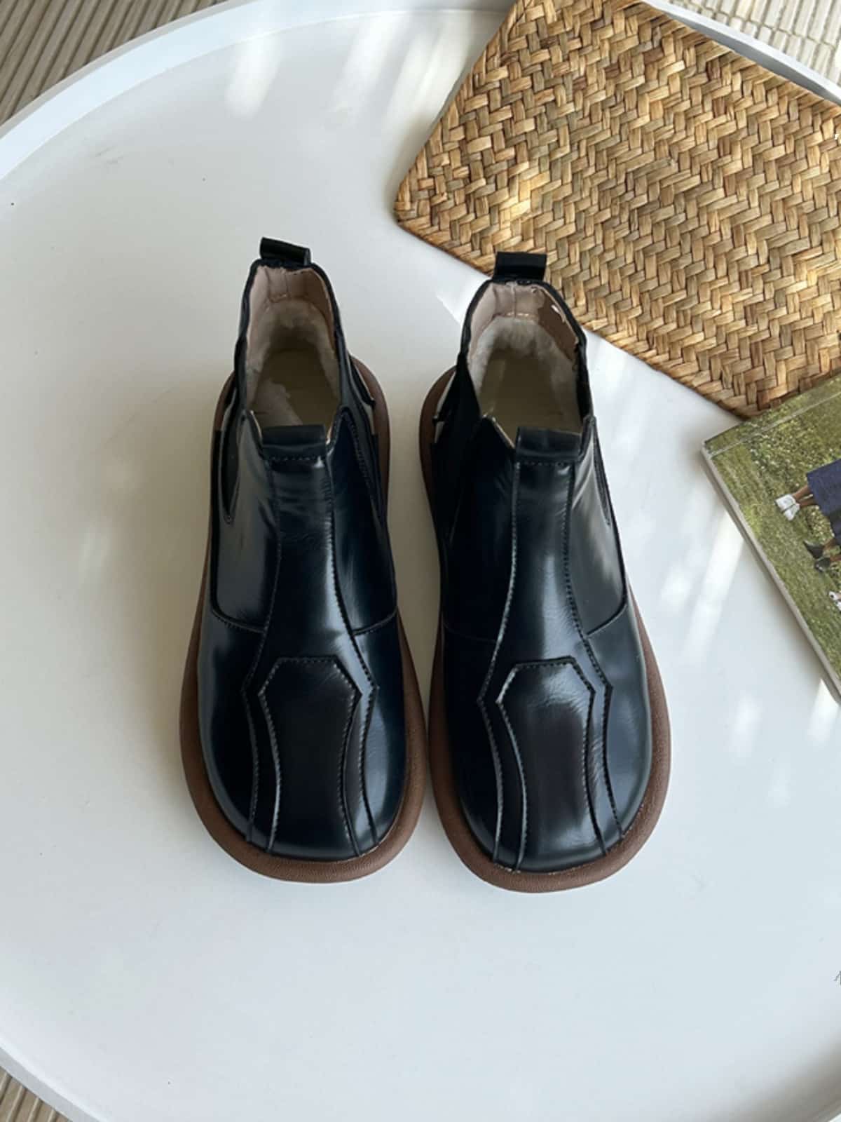 Round head glossy flat-bottomed  boots women's new low-heeled comfortable short boots