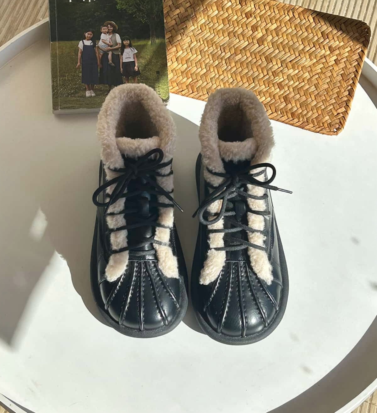 Imitation lamb wool round head lace-up short boots winter glossy flat-bottomed small leather boots snow boots