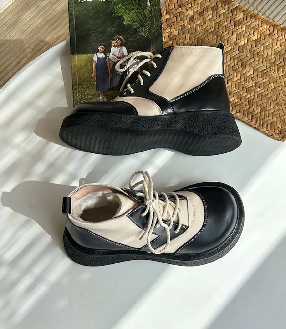 Round head lace-up platform big head shoes autumn and winter velvet medium heel short Martin boots