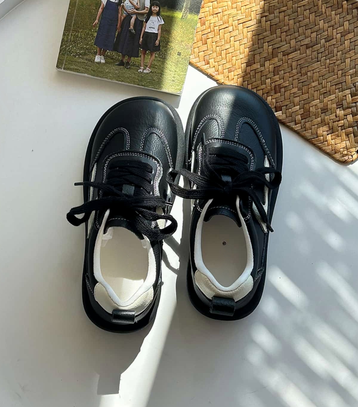 Leather round head strappy flat shoes comfortable soft sole color matching shoes little white shoes autumn