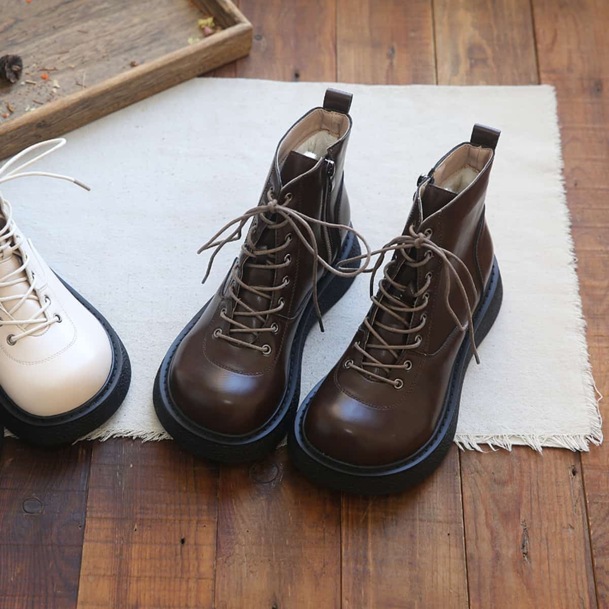 Round head lace-up thick-soled big head shoes velvet versatile short Martin boots children's autumn