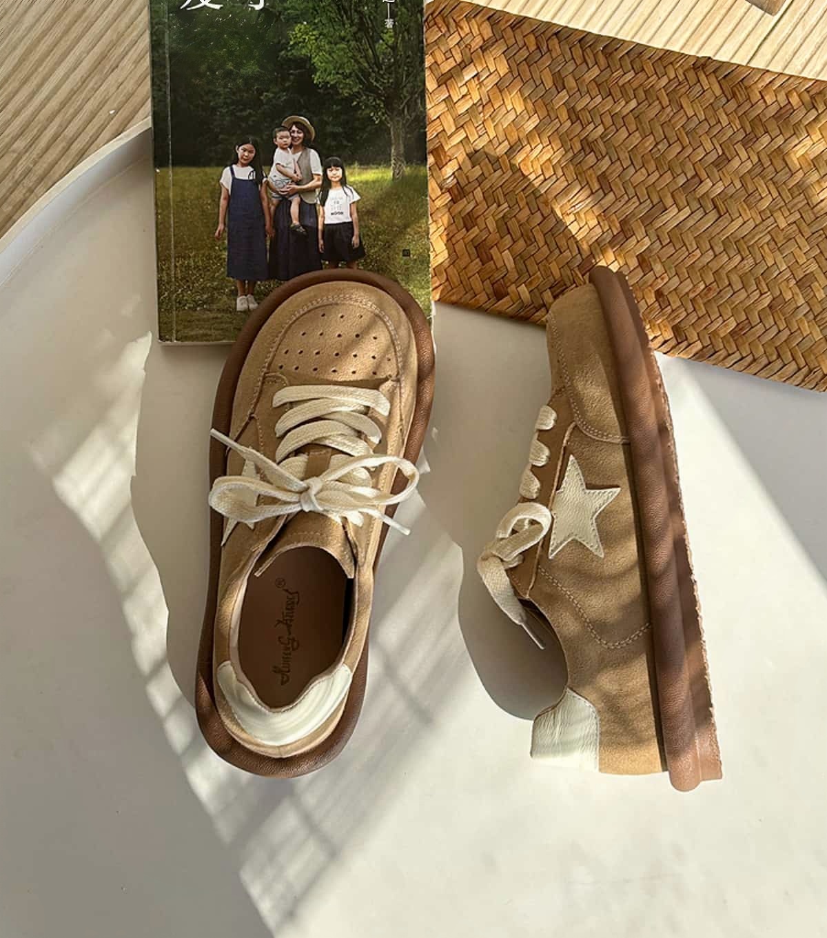 Leather round head lace-up flat shoes spring and summer breathable soft-soled German training shoes single shoes