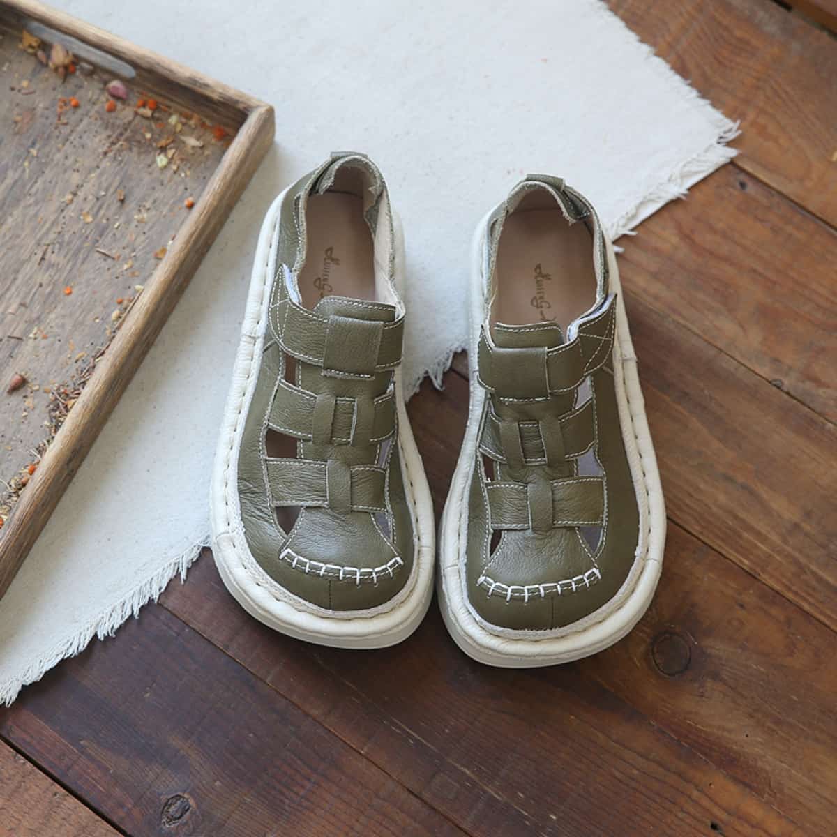 Leather Hollow Round Head Platform Big Head Shoes Summer Velcro Roman Sandals