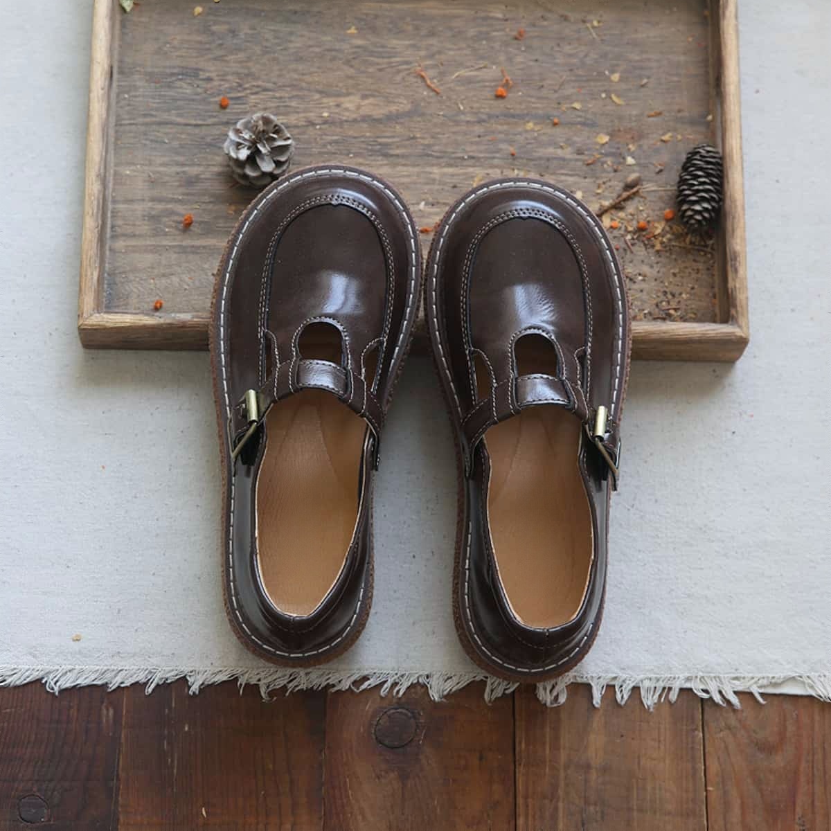 Hollow round head thick sole big head shoes summer word with middle heel versatile single shoes small leather shoes