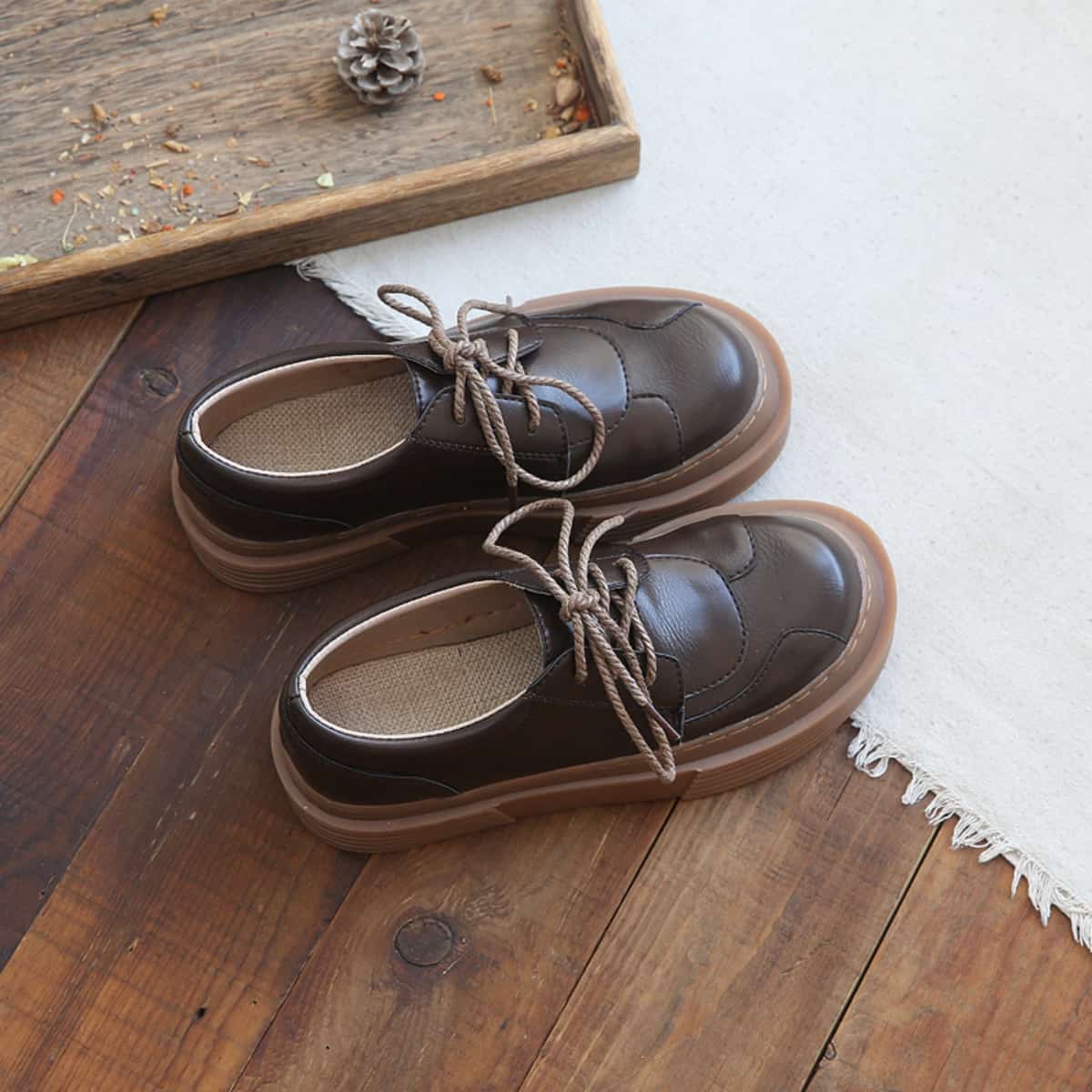 Round head lace-up platform big head shoes college comfortable black small leather shoes single shoes women