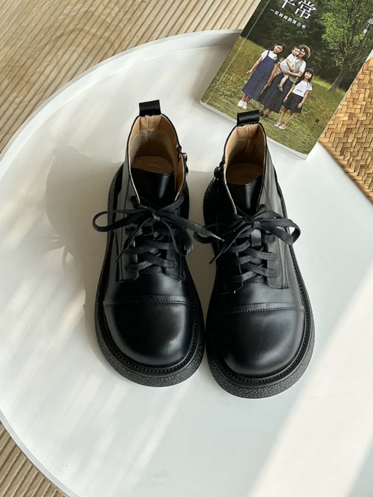 Round head lace-up thick-soled Martin boots autumn side zipper black versatile locomotive boots short boots women