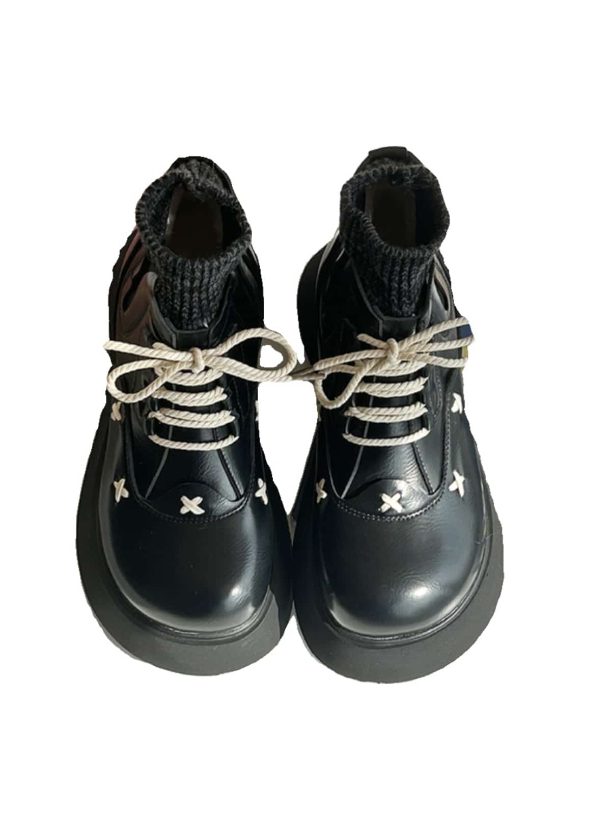 Round head lace-up thick-soled big head shoes winter wool mouth soft cute black small leather shoes Martin boots women