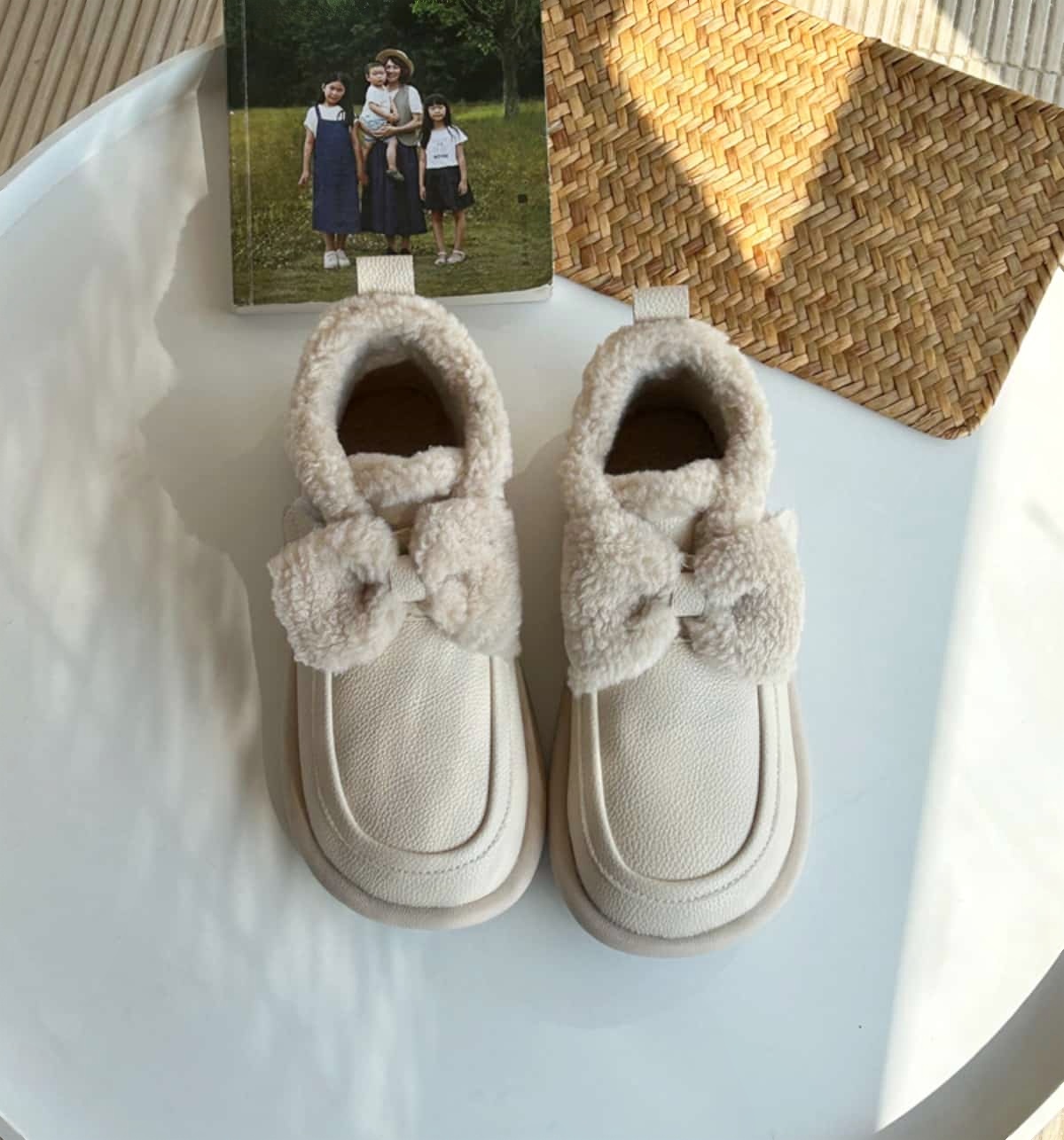 Imitation lamb wool round head flat-bottomed short boots winter bow soft cute warm snow boots