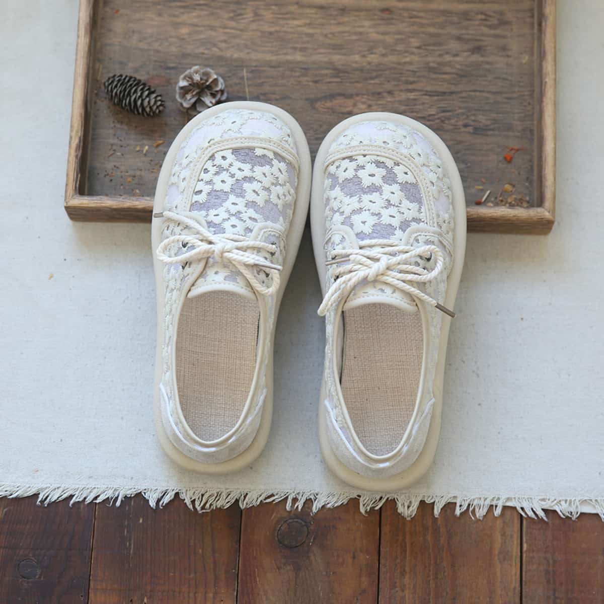 Daisy round head lace-up flats summer cotton and linen handmade soft-soled small mesh shoes single shoes
