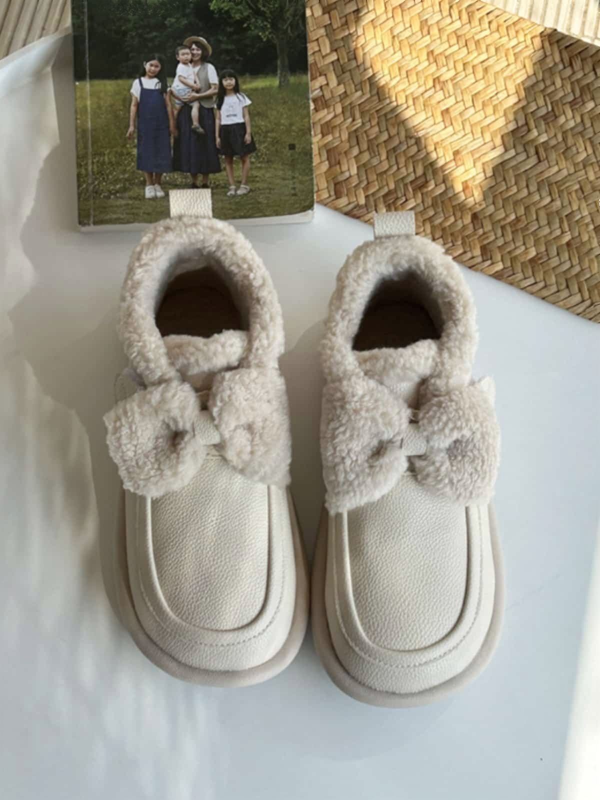 Imitation lamb wool round head flat-bottomed short boots winter bow soft cute warm snow boots