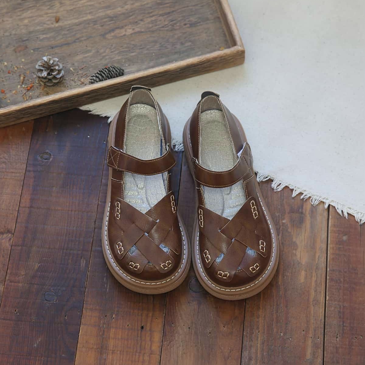 Hollow woven round head light mouth small leather shoes summer word with thick sole comfortable beige sandals